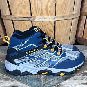 Merrell Moab FST Mid A/C Gray Navy Blue Yellow Waterproof Trail Hiking Boots